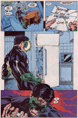 Kyle Rayner finds his girlfriend Alex in the refrigerator